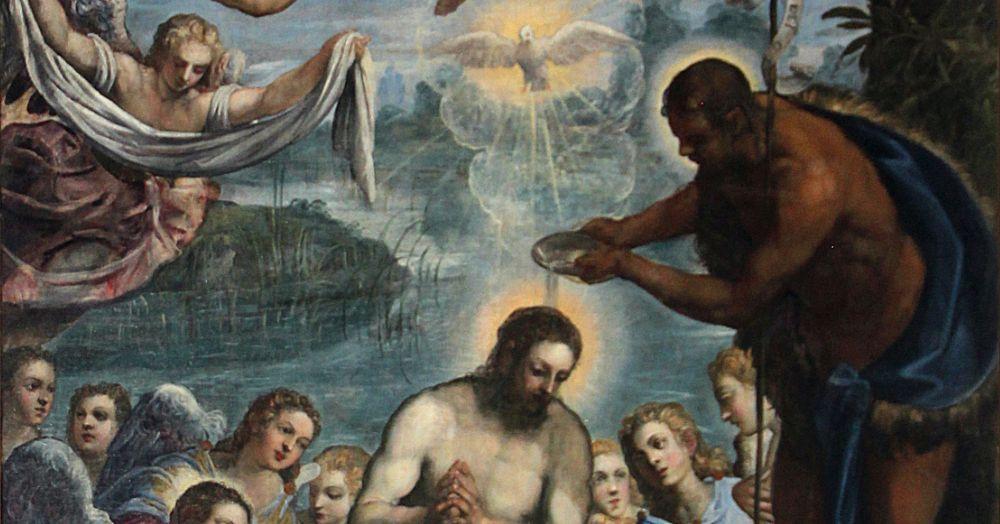 "Baptism of Jesus" by Tintoretto, public domain, cropped.