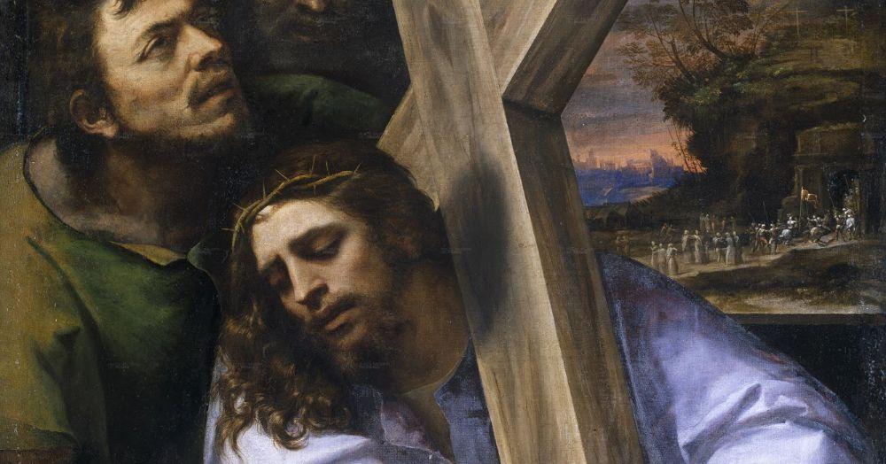 carrying the cross: "Christ with the cross" by Sebastiano del Piombo, public domain, cropped.