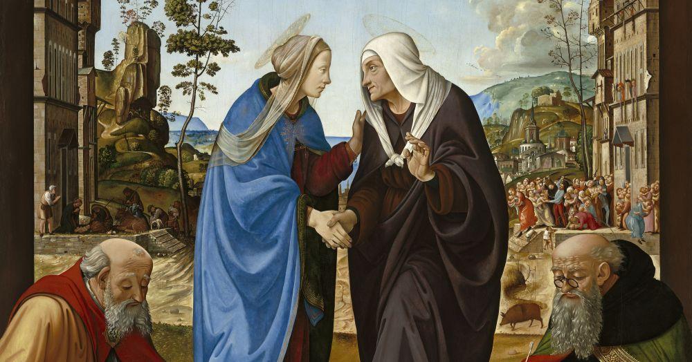 "The Visitation with Saint Nicholas and Saint Anthony Abbot" by Piero di Cosimo, public domain, cropped.